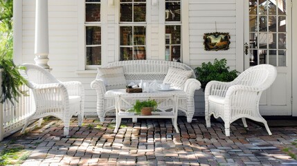 White Wicker Furniture on Brick Patio. Relax in Style with White Wicker Chairs and Tables on a Brick Veranda - obrazy, fototapety, plakaty