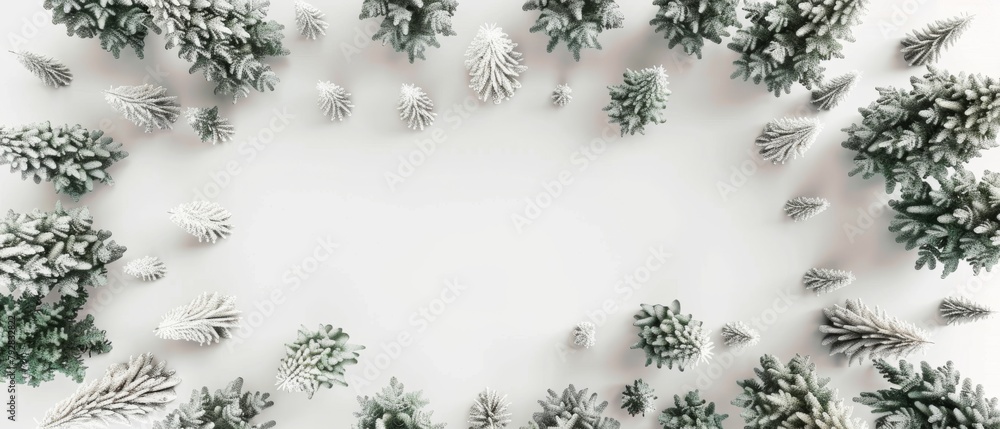 Sticker A top view of Christmas trees on a white background. 3D rendering.