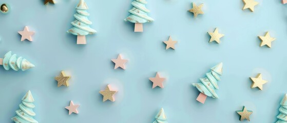 Fototapeta premium Christmas tree pattern flatlay on blue pastel background. 3D rendering.