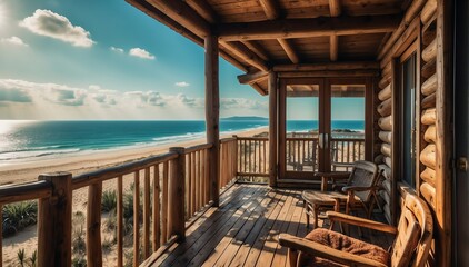 log cabin theme private luxury balcony with view of the beach from Generative AI