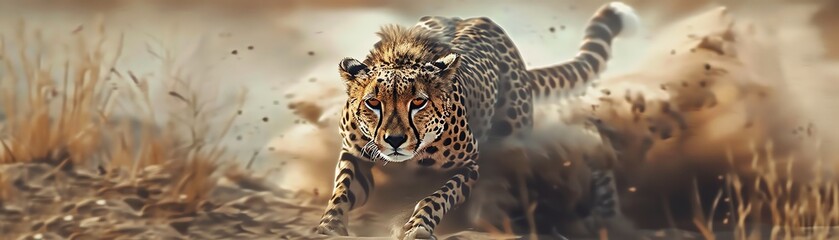Capture the intricate details of a cheetah sprinting across the savannah from a birds-eye view using robotic technology Show the mesmerizing fusion of speed and grace with photorealistic precision - obrazy, fototapety, plakaty