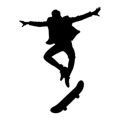 black illustration silhouette of a person playing skateboarding