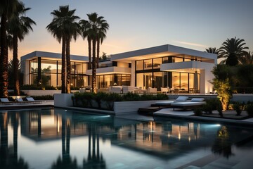 A beautiful modern house with a pool and palm trees