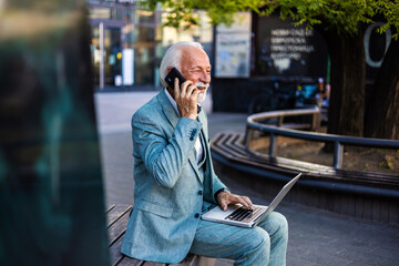 Business man, phone call and talking in street, smile and networking for deal, negotiation or...