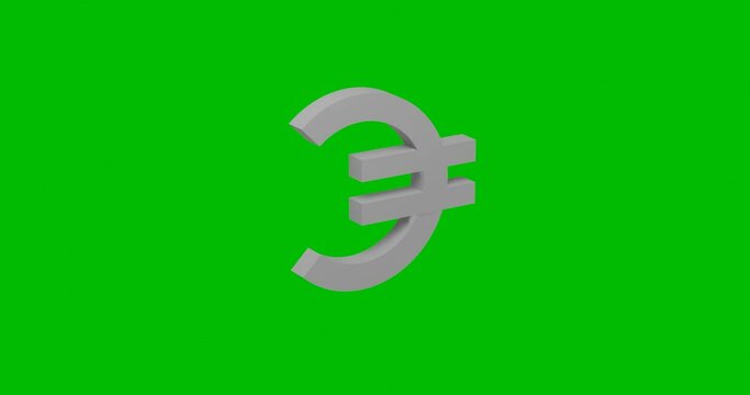 Animation of rotation of a white euro symbol with shadow. Simple and complex rotation. Seamless looped 4k animation on green chroma key background