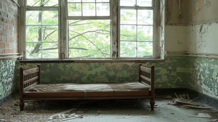 Past Remains in Abandoned Hospital - Old Beds and Walls in an Architectural Ruin of a Sanatorium Building - obrazy, fototapety, plakaty