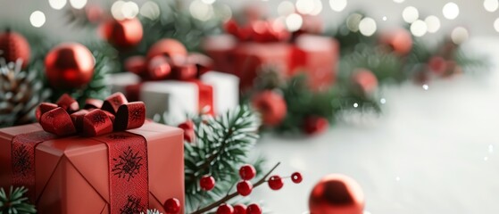 3D rendering of Christmas decorations with gift box on white background.