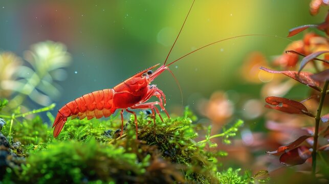 Red Cherry Shrimp in Freshwater Aquarium: Beautiful Female Shrimp Among Moss with Red Cherry Background