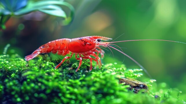 Red Cherry Shrimp in Freshwater Aquarium Habitat with Nature Background and Moss