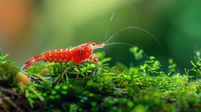 Red Cherry Shrimp on Aquatic Moss. Beautiful Fresh Water Shrimp in Natural Habitat with Cherry Color and Water Background