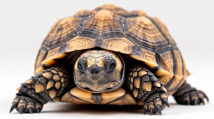 A close up image of a tortoise looking at the camera with a white background