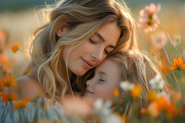 “Golden Hour Bloom” In tender embraces, a mother cradles her child, whispering love through soft touches and warm smiles