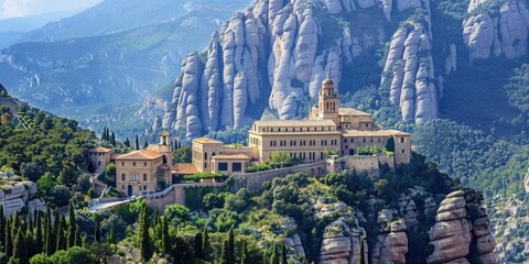 A Benedictine Monastery on the Majestic Montserrat Mountain - obrazy, fototapety, plakaty
