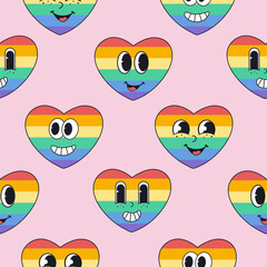 Pattern with rainbow retro groovy heart. LGBTQ print
