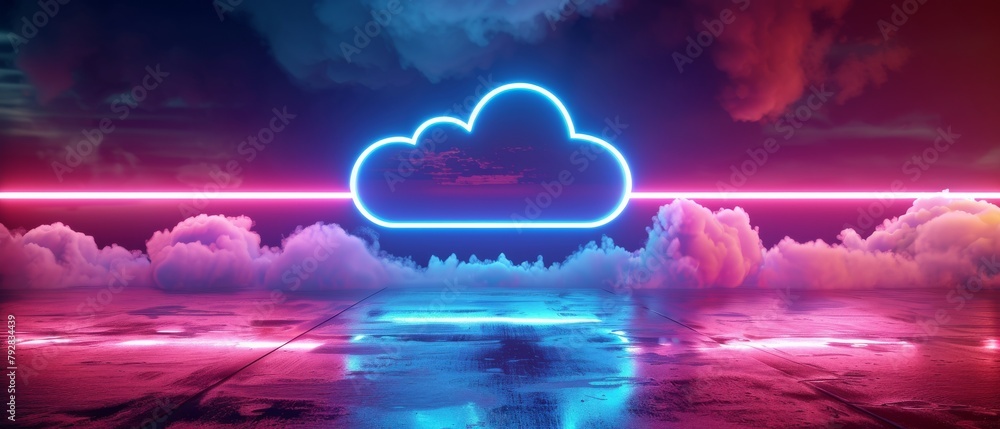 Poster 3d rendering of neon lights on a cloudy background.
