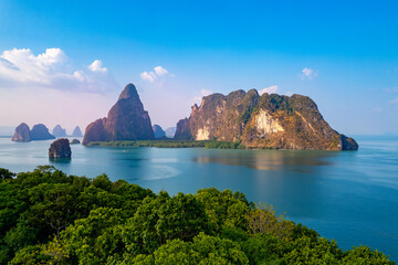 Beautiful nature of Thailand aerial view, amazing sunset landscape Phang Nga bay and Hong tropical island. Travel trip on Asia concept