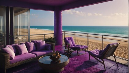 purple theme private luxury balcony with view of the beach from Generative AI