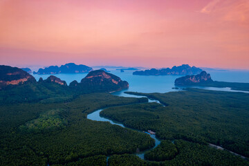 Aerial drone view sunset landscape national park Phang Nga river with mangrove jungle bay, nature of Thailand