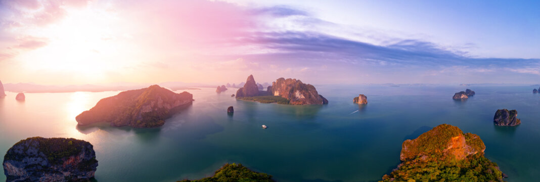Beautiful panorama nature of Thailand aerial view, amazing sunset landscape Phang Nga bay and Hong tropical island