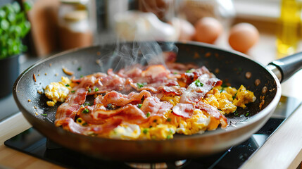 Scrambled eggs and bacon are fried in a frying pan in the kitchen
