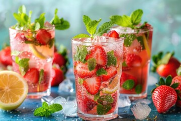 Summery Strawberry Mojito Cocktail with Lemon and Mint, Served in Glasses with Ice for Cool Refreshment