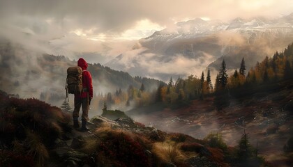 Obraz premium Hiker Finds Solace and Amid the Captivating Wilderness Landscape