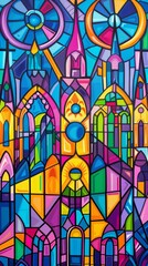 A historic cathedral in pop art style, vibrant stained glass, bold outlines, and stylized sculptures