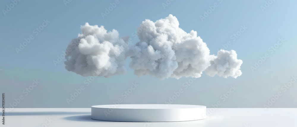Poster clouds floating above a bright white podium. 3d rendering