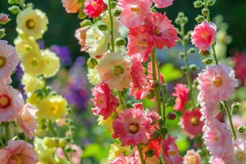 Fototapeta premium Tall and Colourful Hollyhocks in Full Bloom During Summer Season - Alcea Rosea Plant