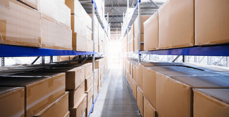 Logistic Industry warehouse storage banner, card boxes on rack with sunlight