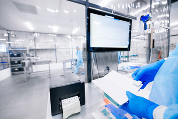 Medical professional operates label printer in high tech sterile environment, ensuring proper labeling of healthcare materials - obrazy, fototapety, plakaty