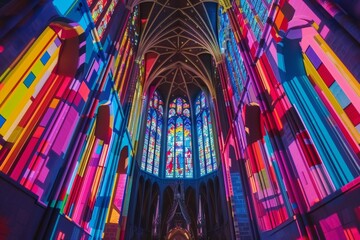 A historic cathedral in pop art style, vibrant stained glass, bold outlines, and stylized sculptures - obrazy, fototapety, plakaty
