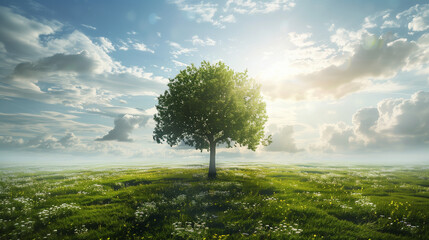 Lonely Spreading Tree on a Green Lawn Against a Blue Sky with Fluffy Clouds, Serene Nature Scene, Symbol of Solitude and Growth in a Peaceful Landscape
