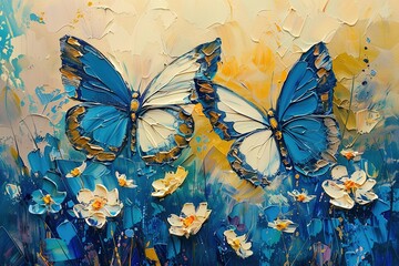 Obraz premium Fantasy Garden: Vibrant Butterflies and Yellow pink Flowers Oil Painting