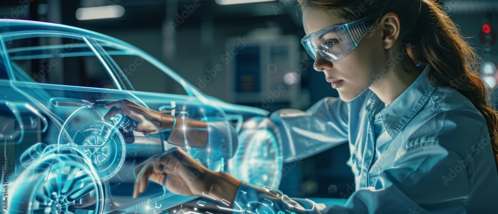 Poster using digital tablets with augmented reality, female automotive engineer edits and improves car desi