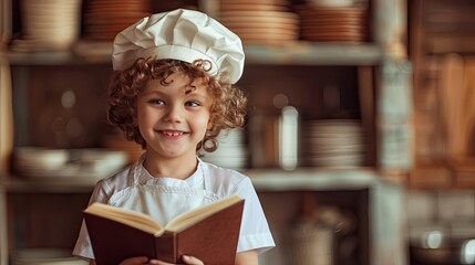 Imagine a junior chef dreamer, a cute kid with a chef hat, holding a cookbook and envisioning...