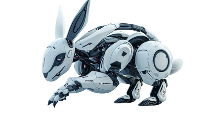 robotic bunny hopping joyfully on a seamless white stage, its metallic ears twitching with anticipation.