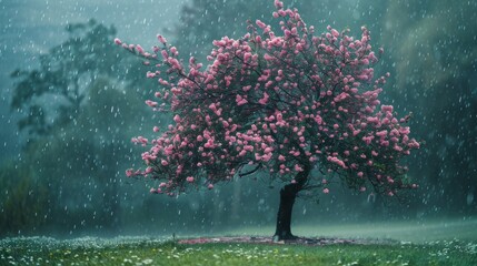 A tree with pink flowers in the rain