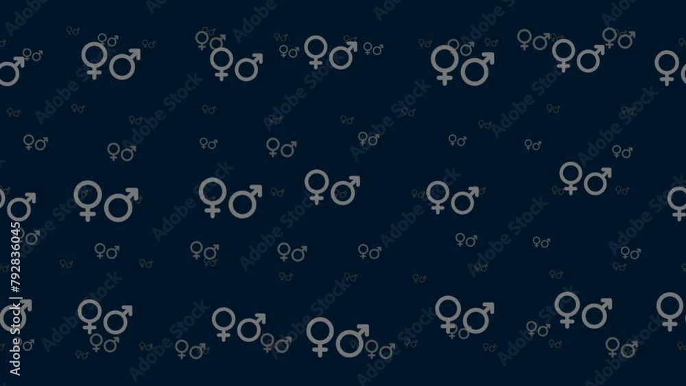 Poster gender symbols float horizontally from left to right. parallax fly effect. floating symbols are loca