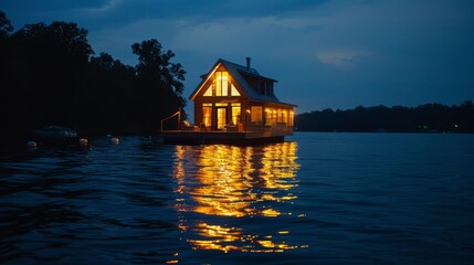 A houseboat floating on top of a lake at night