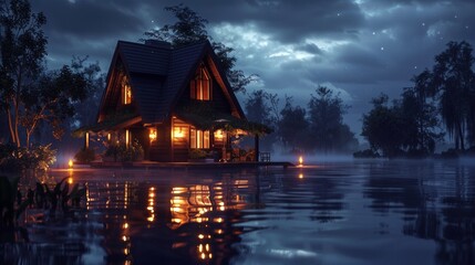 A house sitting on a lake at night