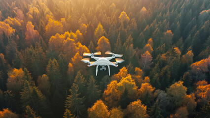 Drone hovering over autumn forest at sunset.