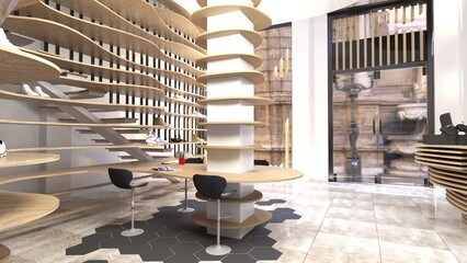 2 storeys atrium store interior with wood parametric shelves. Checkout counter and waiting desk.  Rendering 