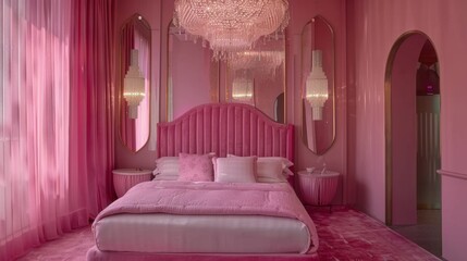 A pink bedroom with a chandelier above the bed