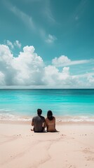 Two people sitting on a beach looking out at the ocean