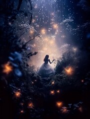 Obraz premium Woman in a white dress walks through an enchanted forest at night. Magical scene with glowing fireflies, sparkling lights, and ethereal atmosphere. Fantasy art.