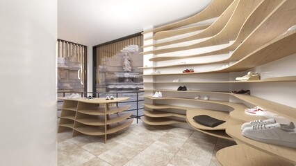 2 storeys atrium store interior with wood parametric shelves. Rendering 