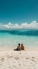 Two people sitting on a beach looking out at the ocean