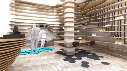 2 storeys atrium store interior with wood parametric shelves. Checkout counter and waiting desk.  Rendering 