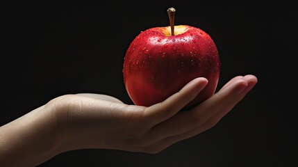 Imagine a scenario where a hand extends, holding a crisp red apple against a dramatic black setting.